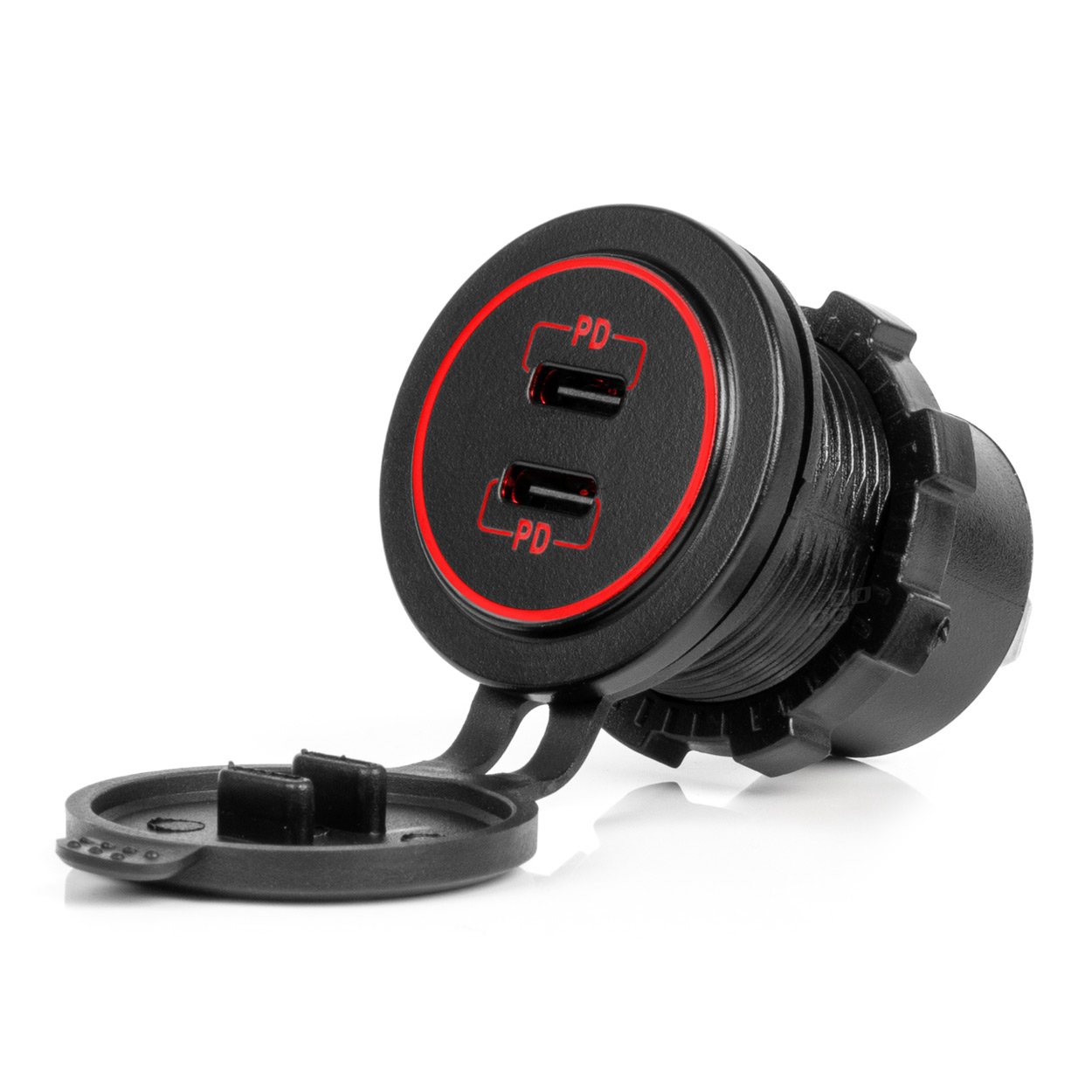 Εικόνα 1 από 5 — Amio – ΠΡΙΖΑ ΜΕ 2 ΘΥΡΕΣ USB-C ΚΑΙ ΚΑΠΑΚΙ 12/24V ΑΔΙΑΒΡΟΧΗ ΜΕ ΚΟΚΚΙΝΟ LED ΦΩΣ ΜΑΥΡΗ – 1 τεμ. (04223/AM)