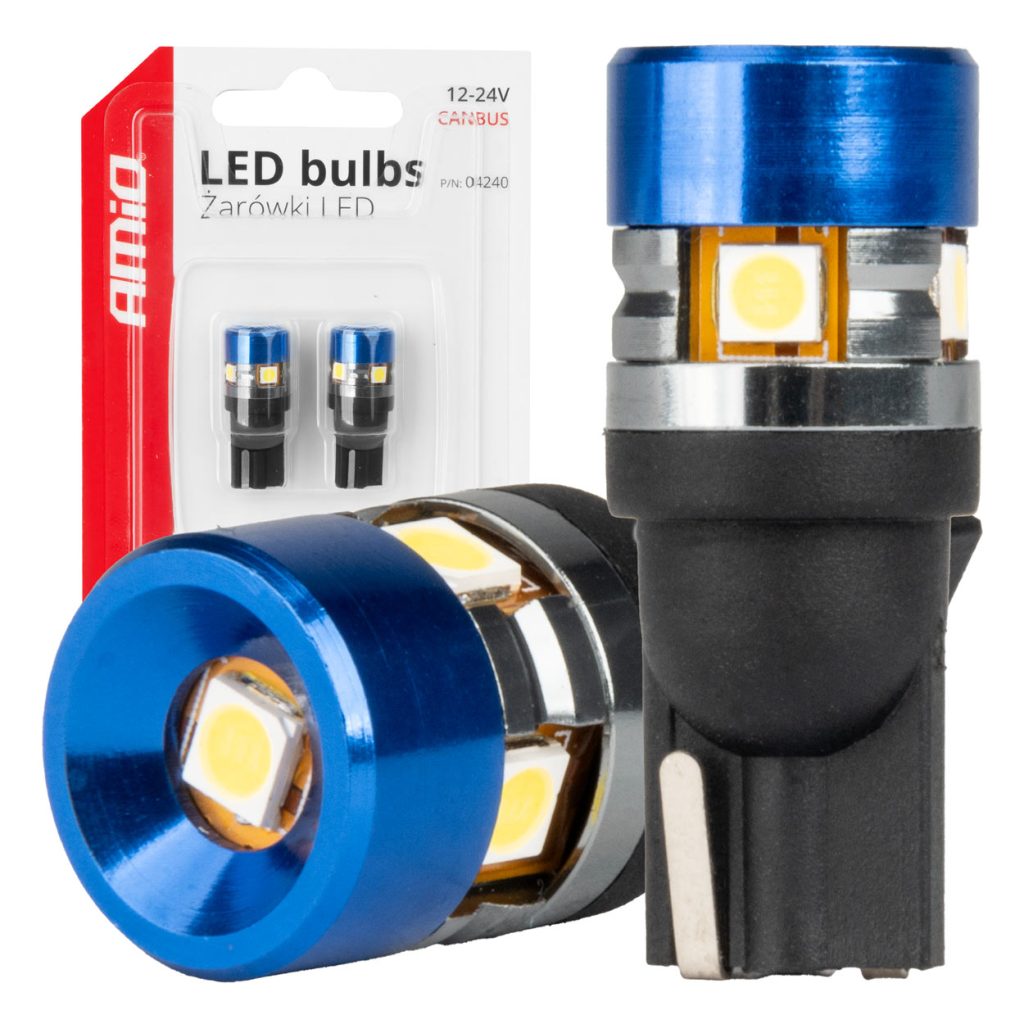 Εικόνα 1 από 4 — Amio – Λάμπες LED T10 W5W τάση λειτουργίας 12/24V με 5xSMD 3030 Can-bus λευκό φως 5.500K (σε χρώμα μπλε-μαύρο) για Επιβατικά Αυτοκίνητα και Φορτηγά – 2 τεμ. (04240/AM)