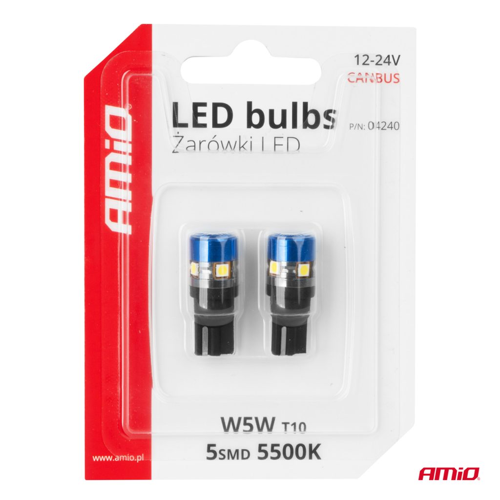 Εικόνα 4 από 4 — Amio – Λάμπες LED T10 W5W τάση λειτουργίας 12/24V με 5xSMD 3030 Can-bus λευκό φως 5.500K (σε χρώμα μπλε-μαύρο) για Επιβατικά Αυτοκίνητα και Φορτηγά – 2 τεμ. (04240/AM)