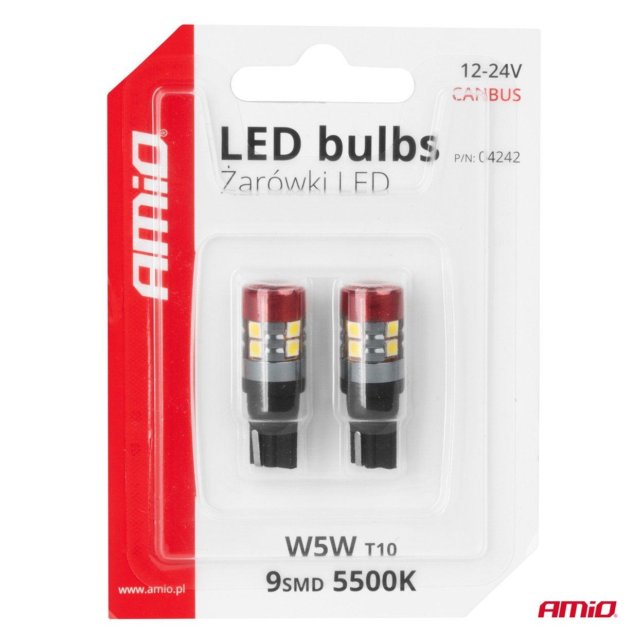 Εικόνα 5 από 5 — Amio – Λαμπάκια LED CAN Bus Αυτοκινήτου & Φορτηγού τύπου T10 W5W με τάση λειτουργίας 12V/24V 9xSMD 3030 με Λευκό Χρώμα Απόχρωσης 5.500k (Σε χρώμα Κόκκινο-Μαύρο) – 2 Τεμ. (04242/AM)