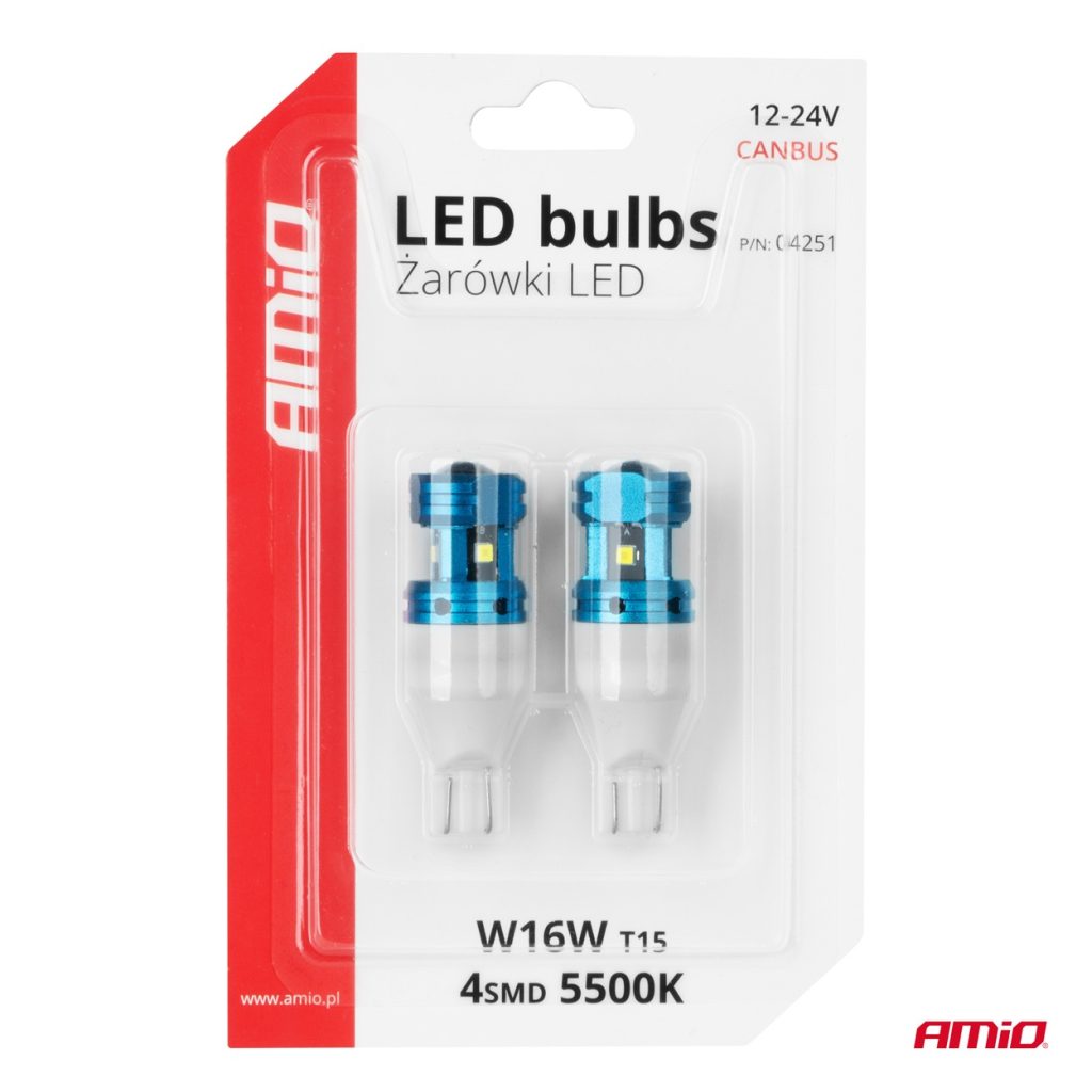 Εικόνα 5 από 5 — Amio – Λάμπες LED CANBUS T15 (W16W) 4SMD 1860XS Λευκή 6000K 12V/24V για Φώτα Όπισθεν, Πινακίδας & Χώρου Αποσκευών – 2τεμ. (04251/AM)