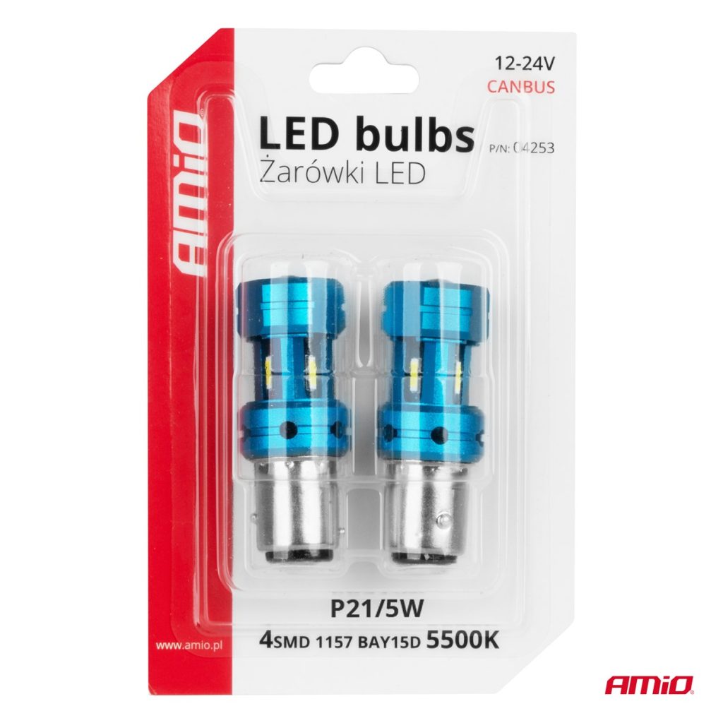 Εικόνα 5 από 5 — Amio – Λάμπες LED Αυτοκινήτου LED CANBUS 1157 BAY15D P21/5W 4SMD 1860 6000K Λευκή – Universal 12V/24V – 2 Τεμ. (04253/AM)