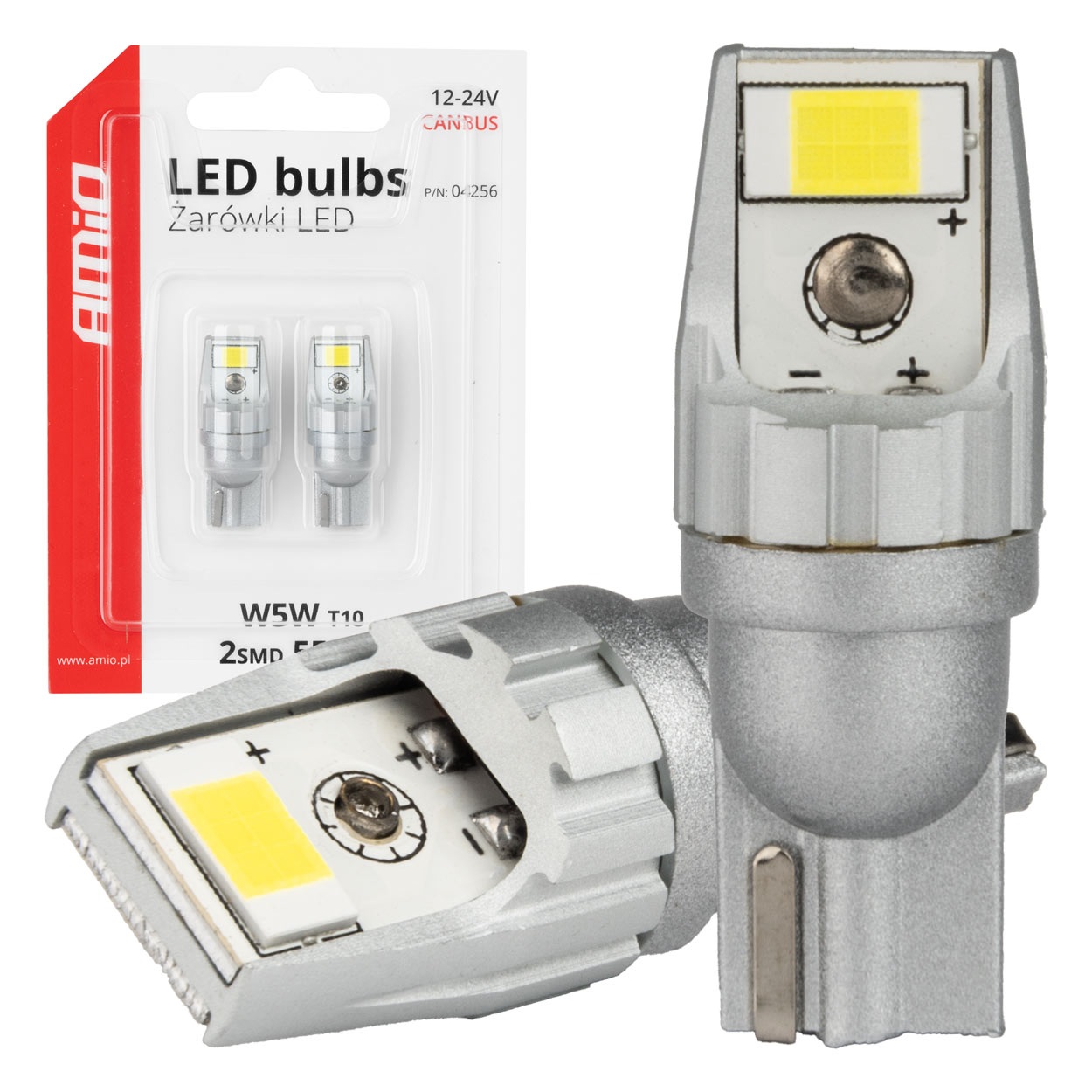 Εικόνα 1 από 5 — Amio – Λάμπες LED CANBUS T10 W5W 2SMD 3570 Λευκή 6000K – 12/24V – 2 Τεμ. (04256/AM)