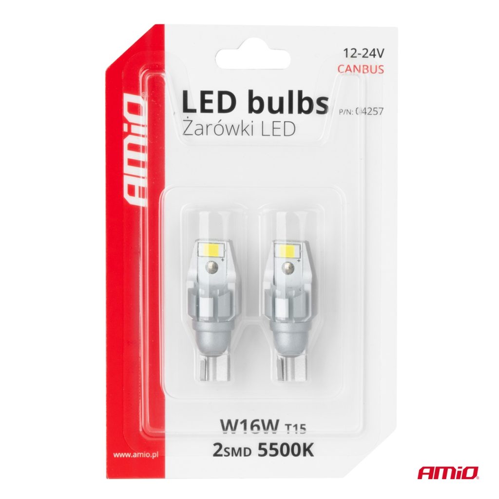 Εικόνα 5 από 5 — Amio – Λάμπα LED CANBUS T15 (W16W) 2SMD 3570 Λευκή 6000K 12V/24V για Φώτα Όπισθεν & Βοηθητικό Φωτισμό – 2τεμ. (04257/AM)