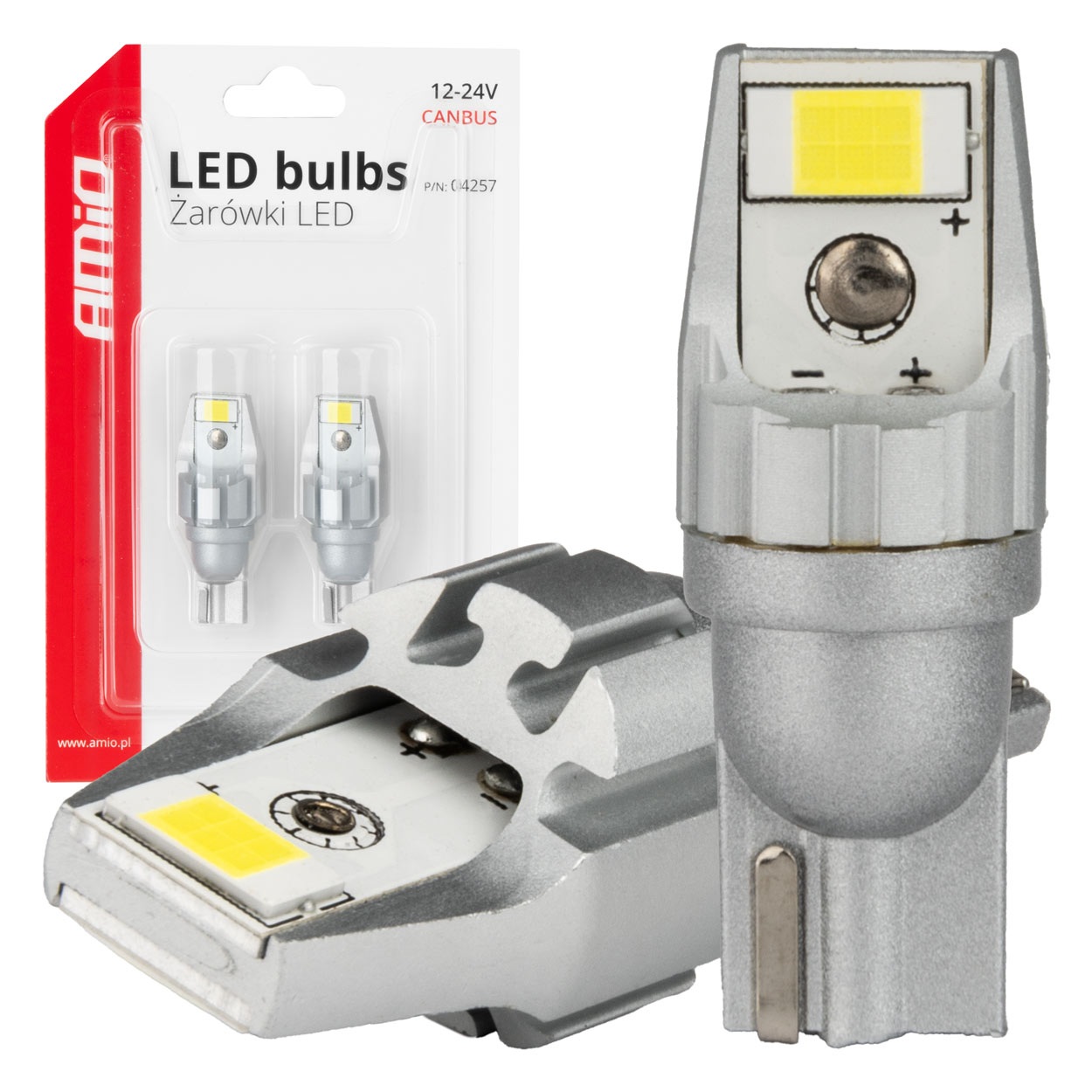 Εικόνα 1 από 5 — Amio – Λάμπα LED CANBUS T15 (W16W) 2SMD 3570 Λευκή 6000K 12V/24V για Φώτα Όπισθεν & Βοηθητικό Φωτισμό – 2τεμ. (04257/AM)