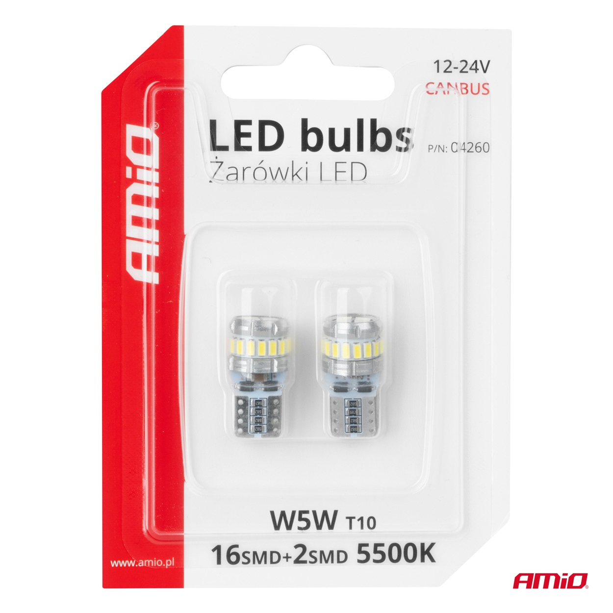 Εικόνα 5 από 5 — Amio – Λάμπα LED CANBUS T10 (W5W) 16SMD 3014 + 2SMD 3030 Λευκή 6000K 12V/24V για Φώτα Θέσης, Πινακίδας & Εσωτερικού – 2τεμ. (04260/AM)
