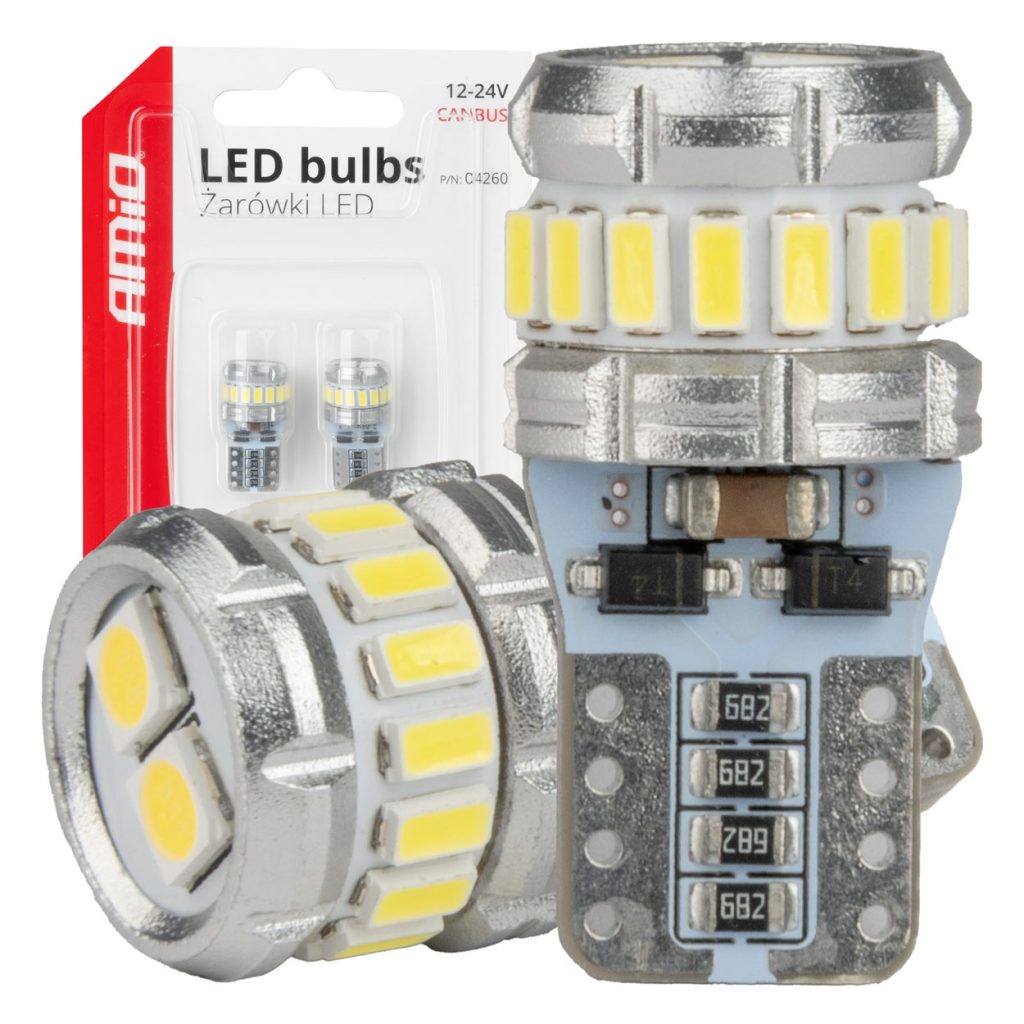 Εικόνα 1 από 5 — Amio – Λάμπα LED CANBUS T10 (W5W) 16SMD 3014 + 2SMD 3030 Λευκή 6000K 12V/24V για Φώτα Θέσης, Πινακίδας & Εσωτερικού – 2τεμ. (04260/AM)