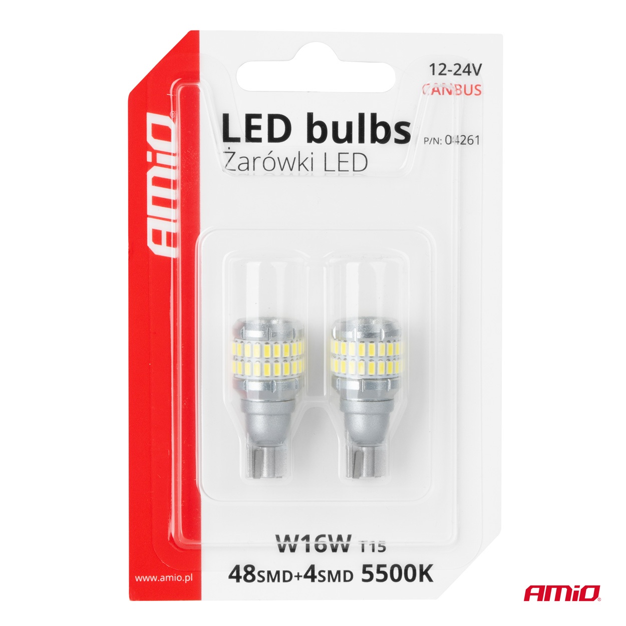 Εικόνα 5 από 5 — Amio – Λάμπα LED CANBUS T15 (W16W) 48SMD 3014 + 4SMD 3030 Λευκή 6000K 12V/24V για Φώτα Όπισθεν & Βοηθητικό Φωτισμό – 2τεμ. (04261/AM)