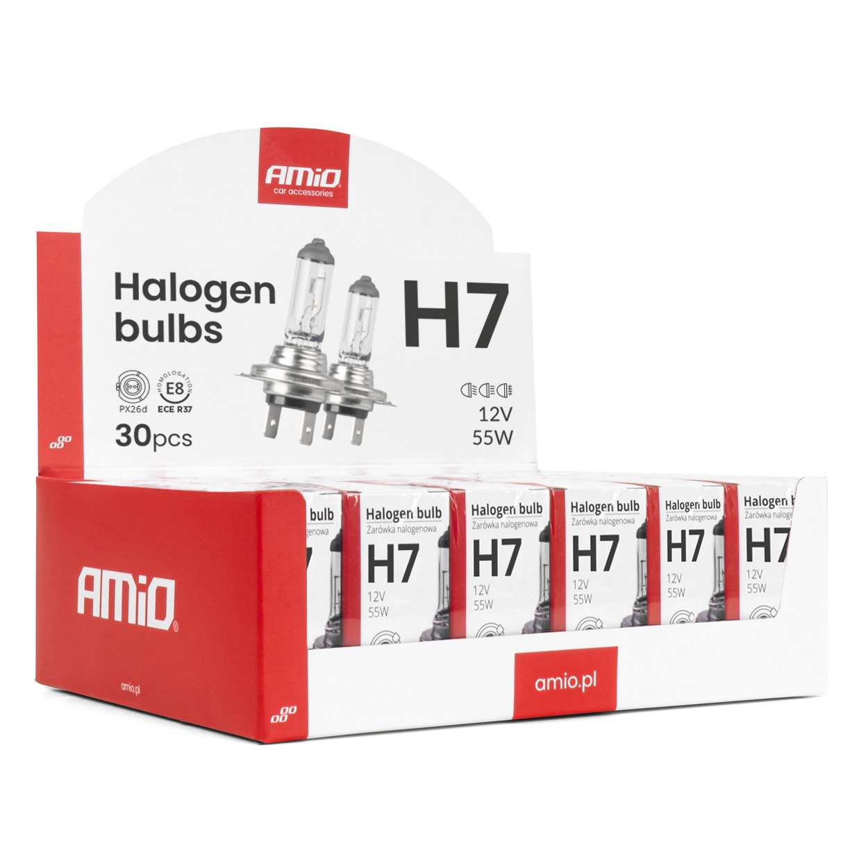 Εικόνα 1 από 3 — Amio Σετ Λαμπτήρων Αλογόνου H7 12V 55W με UV φίλτρο (E8) – 30 τεμ. (04399/AM)