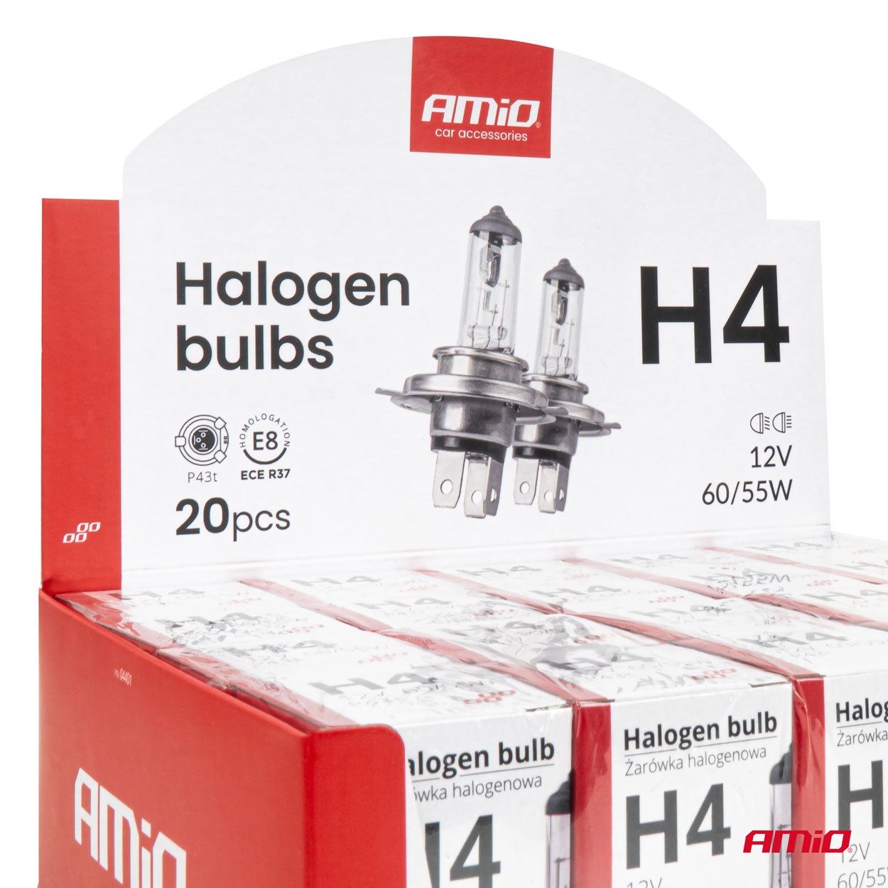 Εικόνα 4 από 4 — Amio Σετ Λαμπτήρων Αλογόνου H4 12V 60/55W με UV Φίλτρο (E8) 20τεμ. (04401/AM)