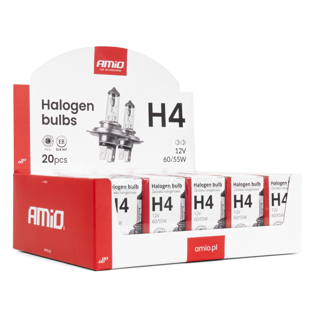 Εικόνα 1 από 4 — Amio Σετ Λαμπτήρων Αλογόνου H4 12V 60/55W με UV Φίλτρο (E8) 20τεμ. (04401/AM)