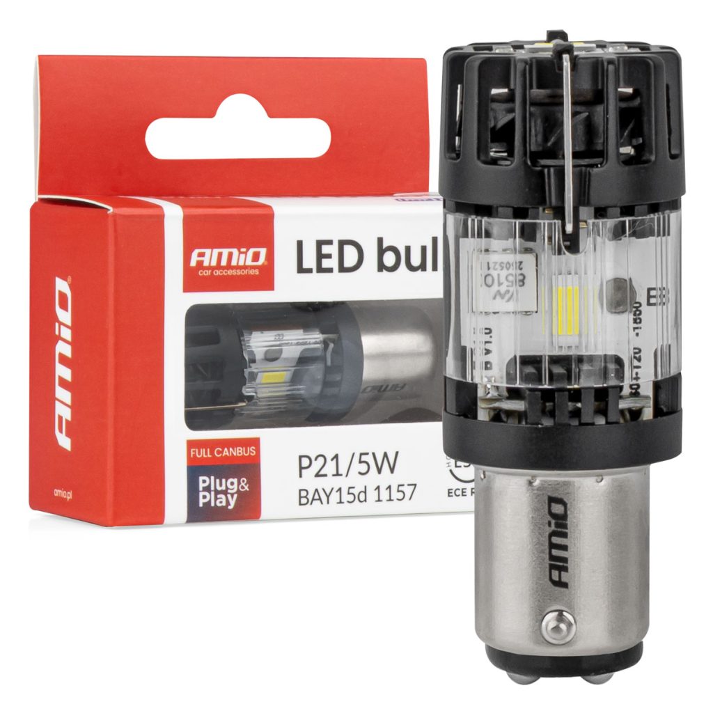 Εικόνα 1 από 5 — Amio – LED CSP P21/5W BAY15d Διπολικό 12V 66W 4800lm 6500K Full CANBUS για Στοπ & Θέσης Ισχυρό Φως – 1 Τεμ. (04689/AM)