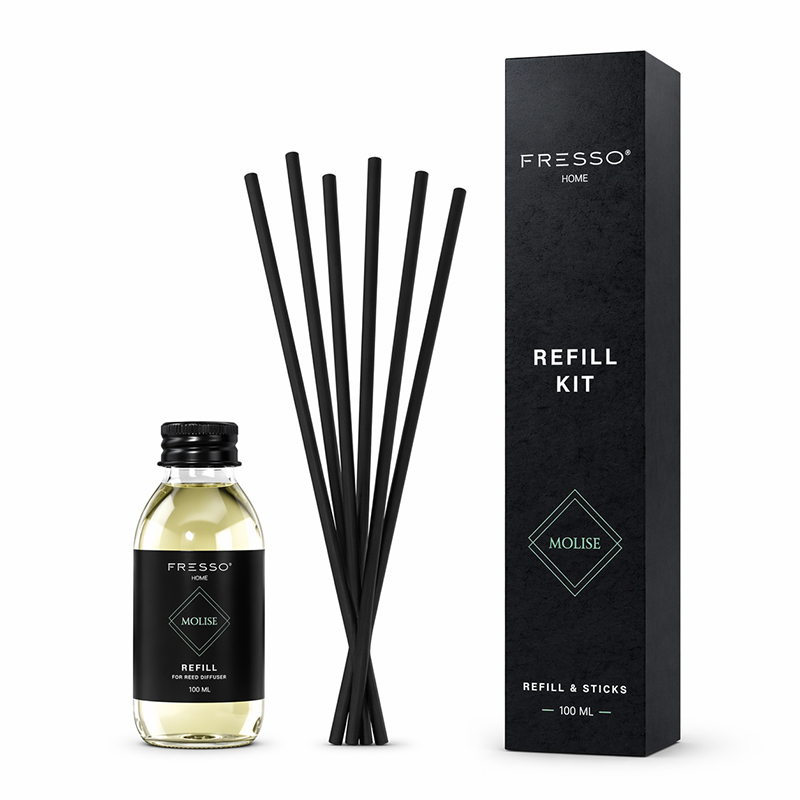 Εικόνα 1 από 4 — Fresso – Κιτ Αναπλήρωσης με Άρωμα Molise 100 ml Premium Home Refill Kit και 6 Μαύρα Στικ από Fiberglass για Αρωματικό Χώρου Reed Diffuser – 1 Τεμ. (390044/FRE)