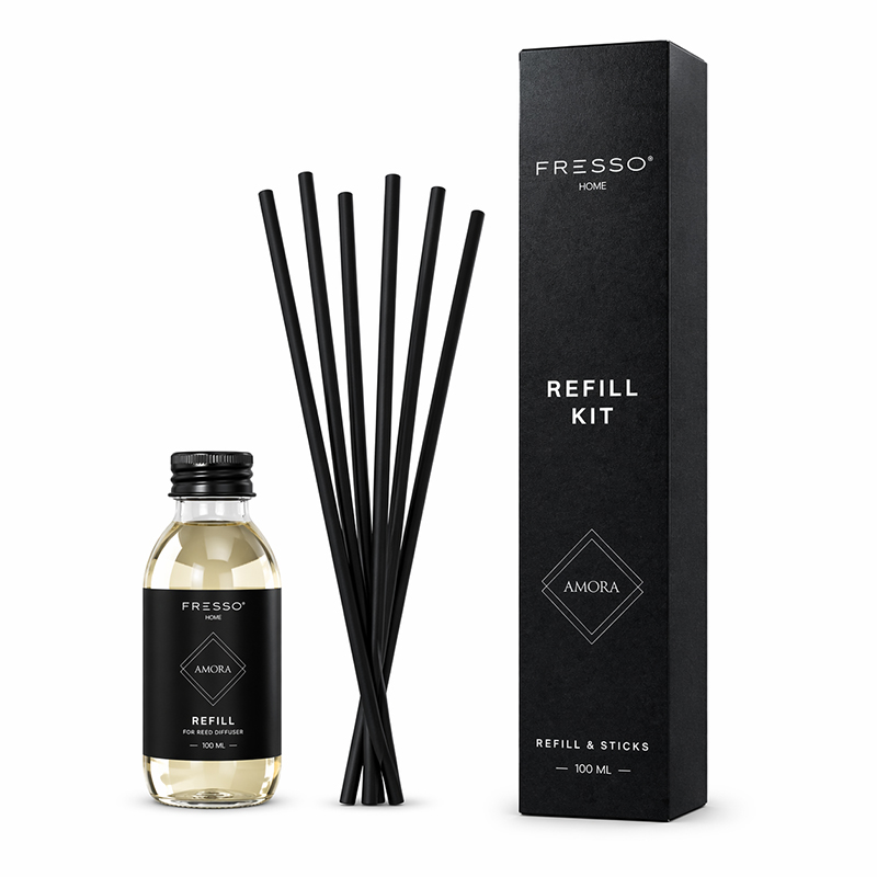 Εικόνα 1 από 4 — Fresso – Κιτ Αναπλήρωσης με Άρωμα Amora 100 ml Premium Home Refill Kit και 6 Μαύρα Στικ από Fiberglass για Αρωματικό Χώρου Reed Diffuser – 1 Τεμ. (390051/FRE)