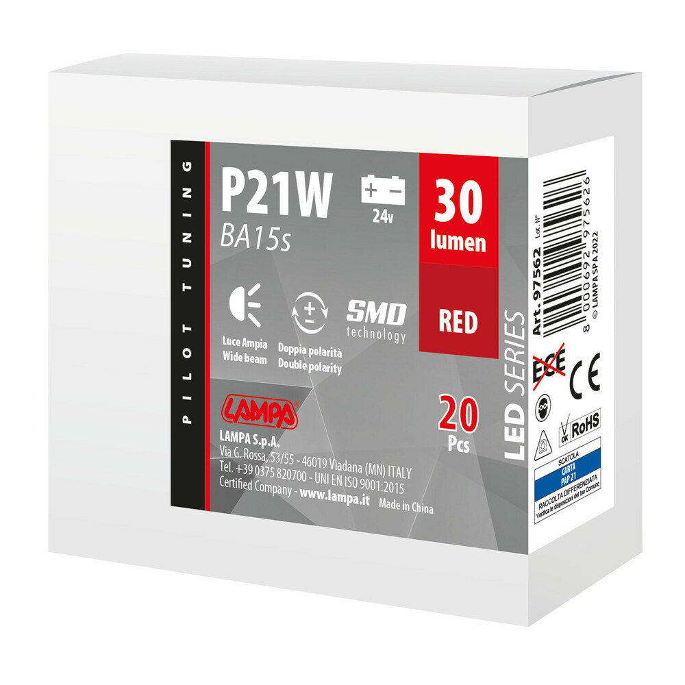 Εικόνα 3 από 3 — P21W BA15s 24V 4SMDx1CHIP LED 30lm ΚΟΚΚΙΝΟ ΚΟΥΤΙ LAMPA – 20 ΤΕΜ.