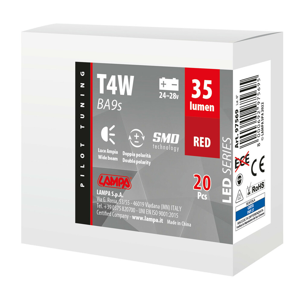 Εικόνα 3 από 3 — T4W BA9s 24/28V 5SMDx1CHIP LED 35lm ΚΟΚΚΙΝΟ ΚΟΥΤΙ LAMPA – 20 ΤΕΜ.
