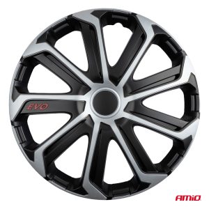 Amio - Σετ Τάσια Τροχών 15'' ιντσών, Μοντέλο EVO, Χρώμα Μαύρο / Ασημί – Σετ 4 τεμαχίων σε Κουτί (9757/AM)