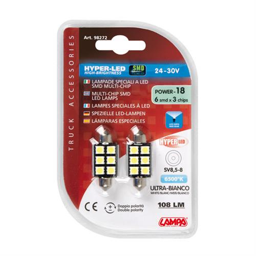 Εικόνα 3 από 4 — Λαμπάκια Πλαφονιέρας 24-30V SV8,5-8 15x39mm 108lm HYPER-LED18 (Διπλής Πολικότητας) BLISTER 2τεμ