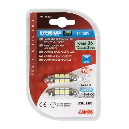 Εικόνα 4 από 4 — Λαμπάκια Πλαφονιέρας  24-30V SV8,5-8 10x41mm 216lm HYPER-LED (Διπλής Πολικότητας) BLISTER 2τεμ
