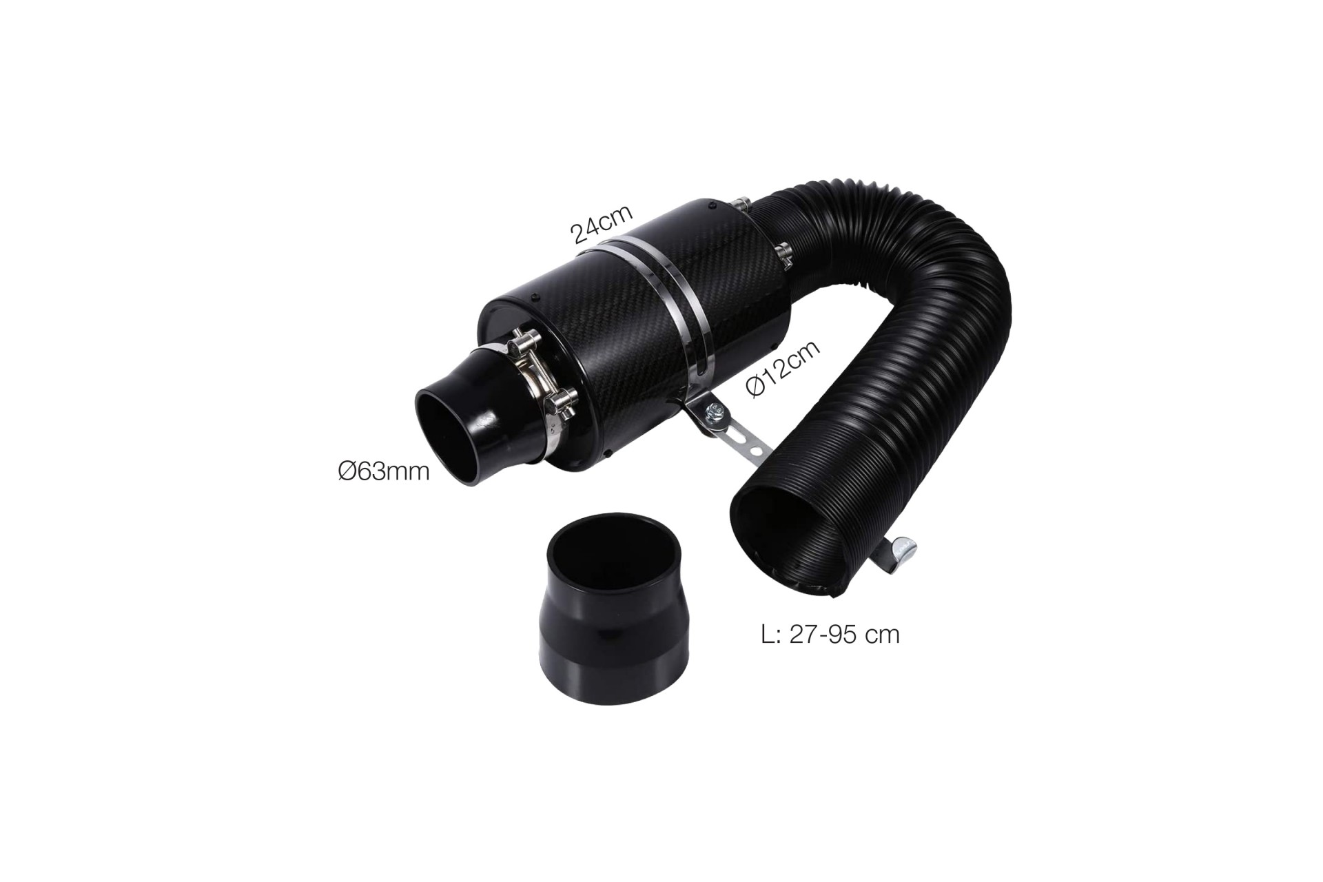 Εικόνα 2 από 2 — ΒΑΡΕΛΑΚΙ CARBON Φ63  24cm ΜΕ ΣΩΛΗΝΑ ΣΠΙΡΑΛ ΑΕΡΑ ΜΑΥΡΟ 27-95 cm SIMONI RACING – 1 TEM.
