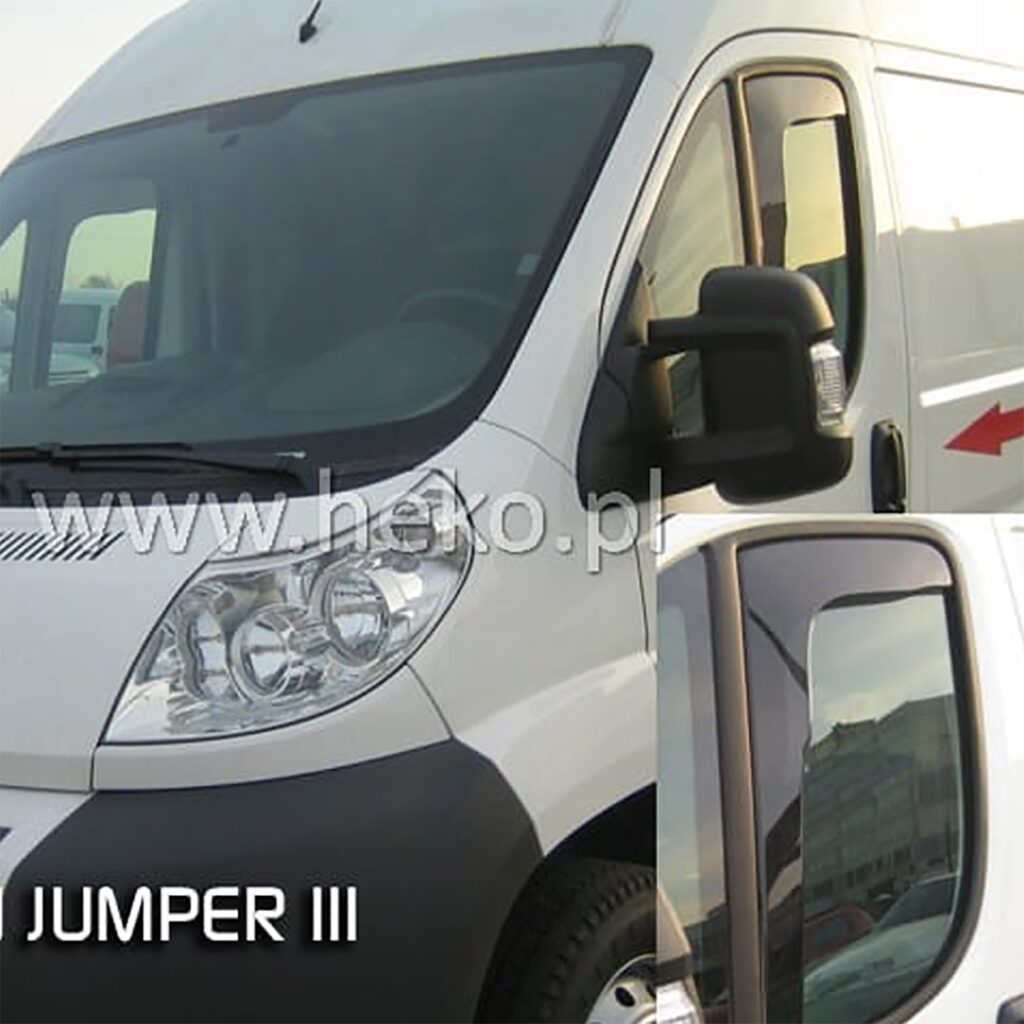 Εικόνα 1 από 5 — Heko – Ανεμοθραύστες Εμπρός για Fiat Ducato 2006> / Citroen Jumper III 2006> / Peugeot Boxer II/III 2006> / Opel Movano C 2021> / Toyota ProAce MAX 2024> για βελτιωμένη ροή αέρα και άνεση με εύκαμπτο φιμέ πλαστικό – 1 Σετ (ΑΝΕΜ.15147/VAN)