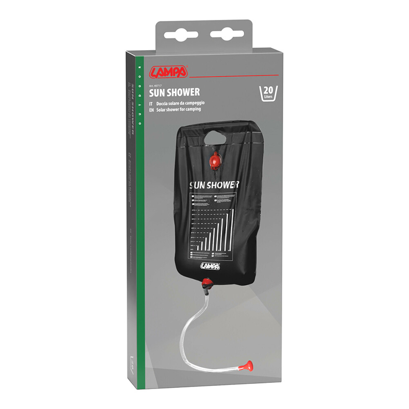 Εικόνα 3 από 3 — Lampa – Ηλιακό Ντους Camping Solar Shower 20 Λίτρων με Σχοινί Ανάρτησης, Ρυθμιστή Ροής και Τηλέφωνο Ντους – 1 Τεμ. (L4071.7)