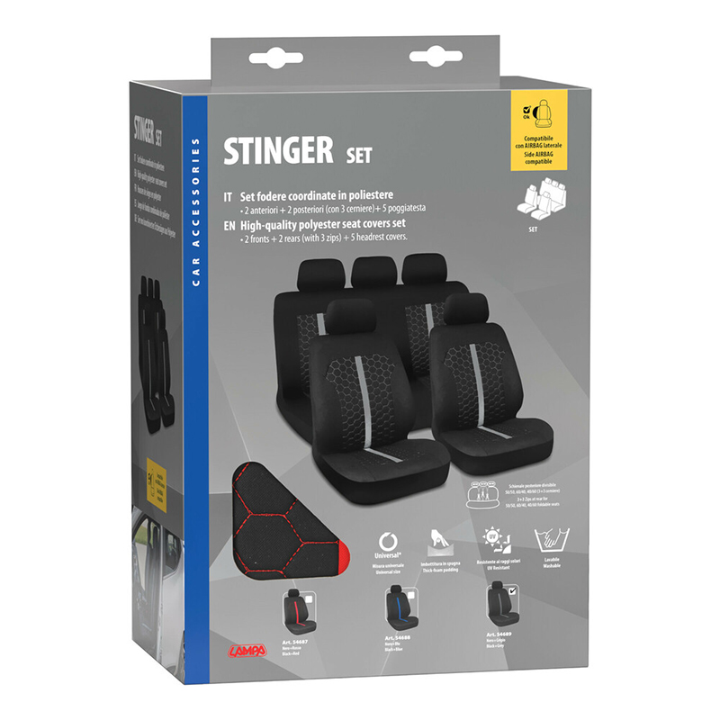 Εικόνα 3 από 3 — Lampa – Καλύμματα Καθισμάτων Stinger Μαύρο / Κόκκινο από Πολυεστέρα με Αφρώδη Επένδυση, Universal, Συμβατά με Πλευρικούς Αερόσακους – Σετ (L5468.7)