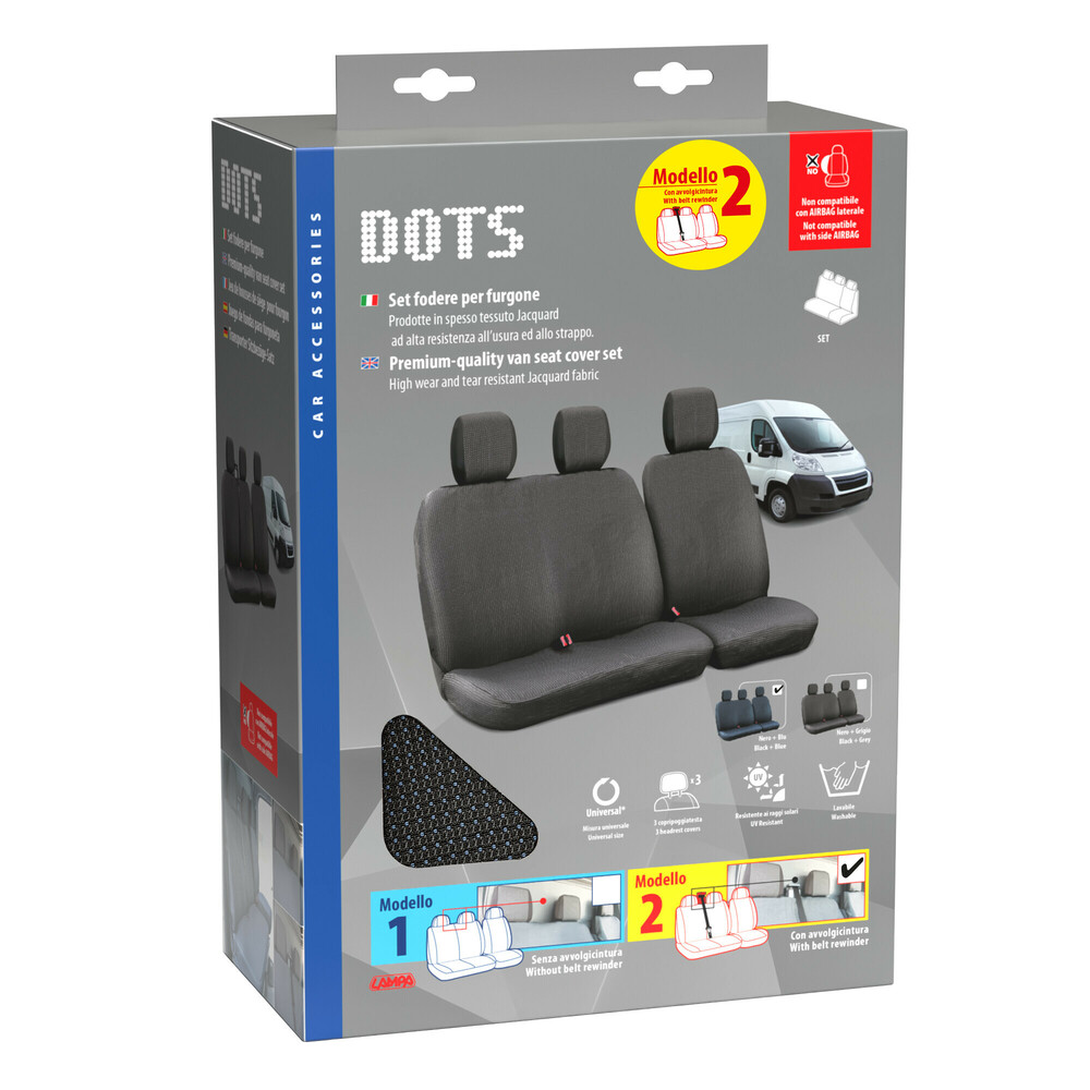 Εικόνα 2 από 5 — Καλύμματα Καθισμάτων Dots-2, με επανατυλικτήρα ζώνης – Μαύρο / Μπλε