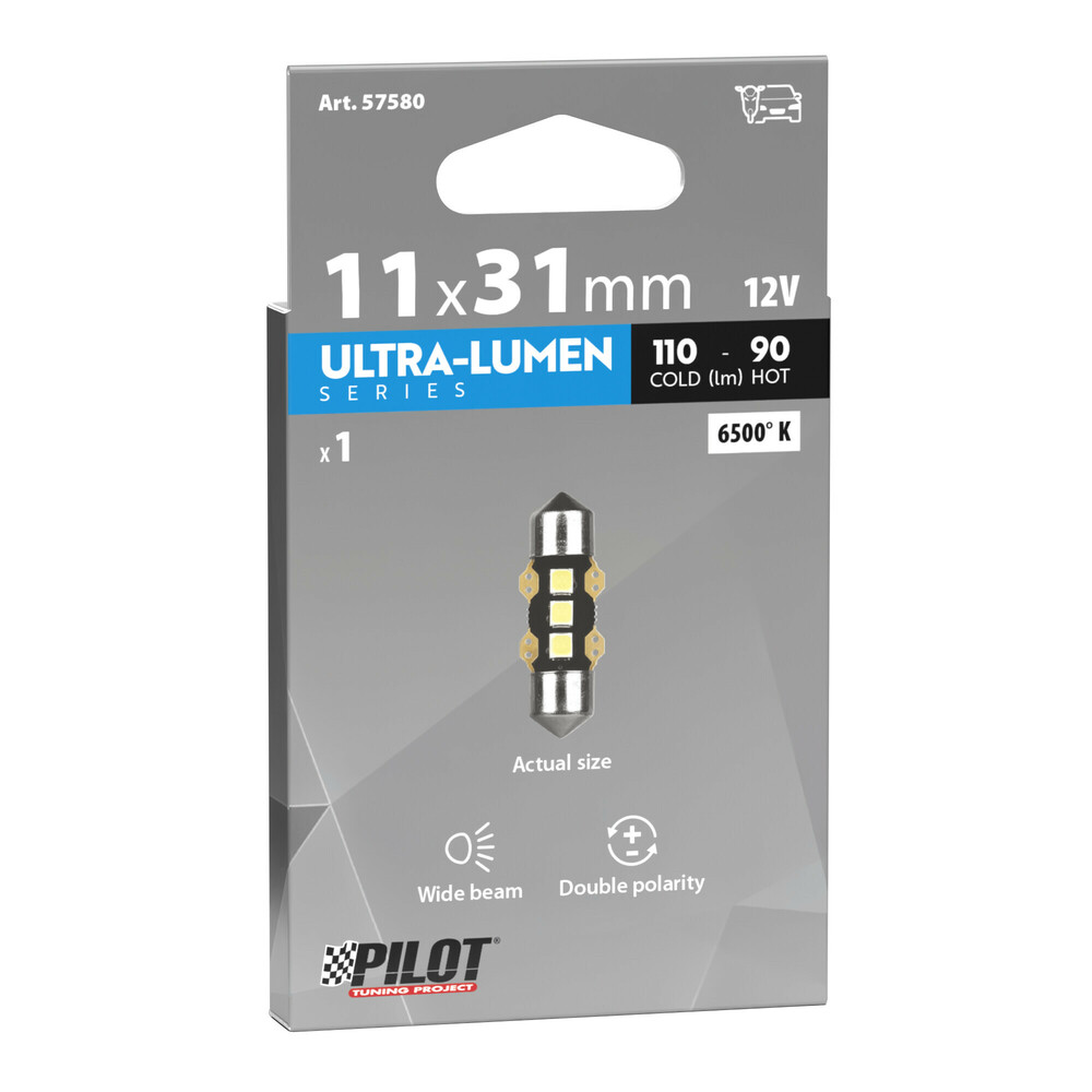 Εικόνα 3 από 3 — ΛΑΜΠΑΚΙΑ ΠΛΑΦΟΝΙΕΡΑΣ 12V 11x31mm 110/90lm 6.500K ΔΙΠΛΗΣ ΠΟΛΙΚΟΤΗΤΑΣ LED ULTRA-LUMEN SERIES 1ΤΕΜ.
