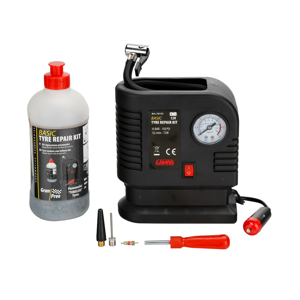 Εικόνα 1 από 4 — ΚΟΜΠΡΕΣΕΡ ΑΕΡΑ BASIC TYRE REPAIR KIT ΜΕ ΥΓΡΟ ΕΠΙΣΚΕΥΗΣ ΕΛΑΣΤΙΚΩΝ 500ml ΜΕ ΜΑΝΟΜΕΤΡΟ 12V 300cmΚΑΛΩΔΙΟ LAMPA – 1 Tεμ.