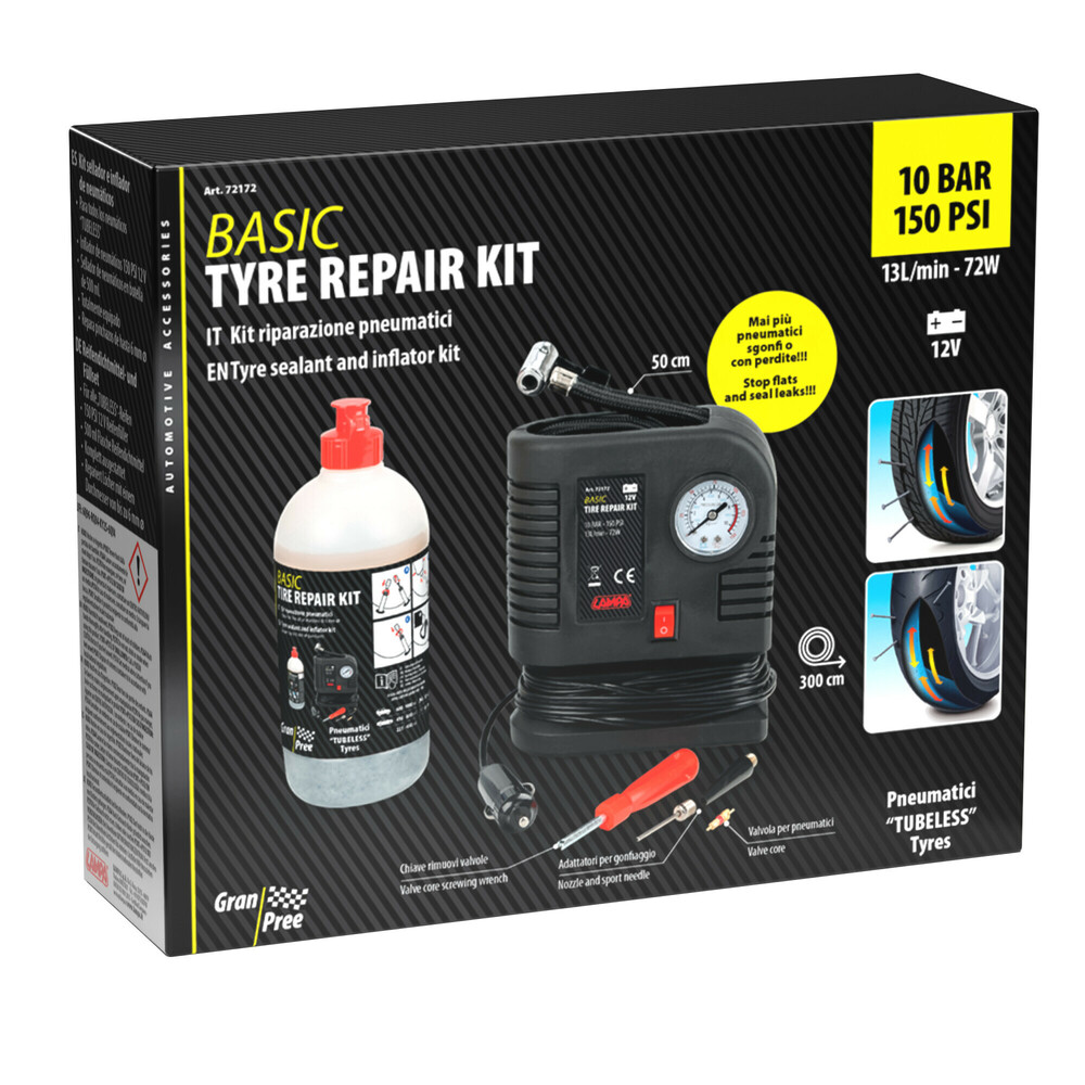 Εικόνα 4 από 4 — ΚΟΜΠΡΕΣΕΡ ΑΕΡΑ BASIC TYRE REPAIR KIT ΜΕ ΥΓΡΟ ΕΠΙΣΚΕΥΗΣ ΕΛΑΣΤΙΚΩΝ 500ml ΜΕ ΜΑΝΟΜΕΤΡΟ 12V 300cmΚΑΛΩΔΙΟ LAMPA – 1 Tεμ.