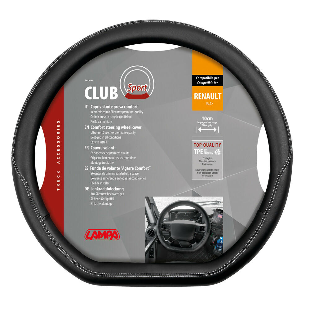 Εικόνα 1 από 3 — Lampa – Κάλυμμα Τιμονιού Club Sport από Skeentex για Renaultt T 01/22> κοφτό άοσμο μαλακό φαρδιά λαβή Μαύρο – 1 τεμ. (L9784.1)