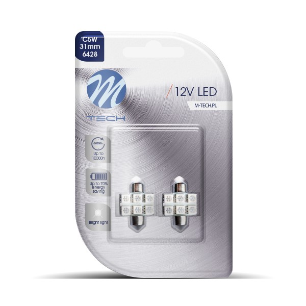 Εικόνα 1 από 2 — ΛΑΜΠΑΚΙΑ ΠΛΑΦΟΝΙΕΡΑΣ C5W/C10W 12V 1,44W SV8,5 31mm LED 6xSMD5050 ΜΠΛΕ BLISTER M-TECH – 2 τεμ.
