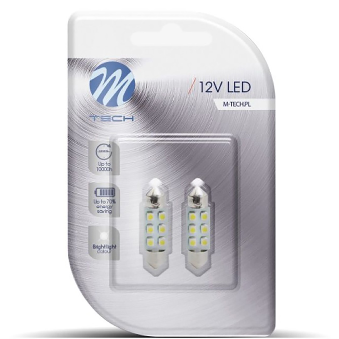 Εικόνα 2 από 2 — ΛΑΜΠΑΚΙΑ ΠΛΑΦΟΝΙΕΡΑΣ C5W/C10W 12V 0,48W SV8,5 36mm LED 6xSMD3528 ΜΠΛΕ BLISTER 2ΤΕΜ. M-TECH