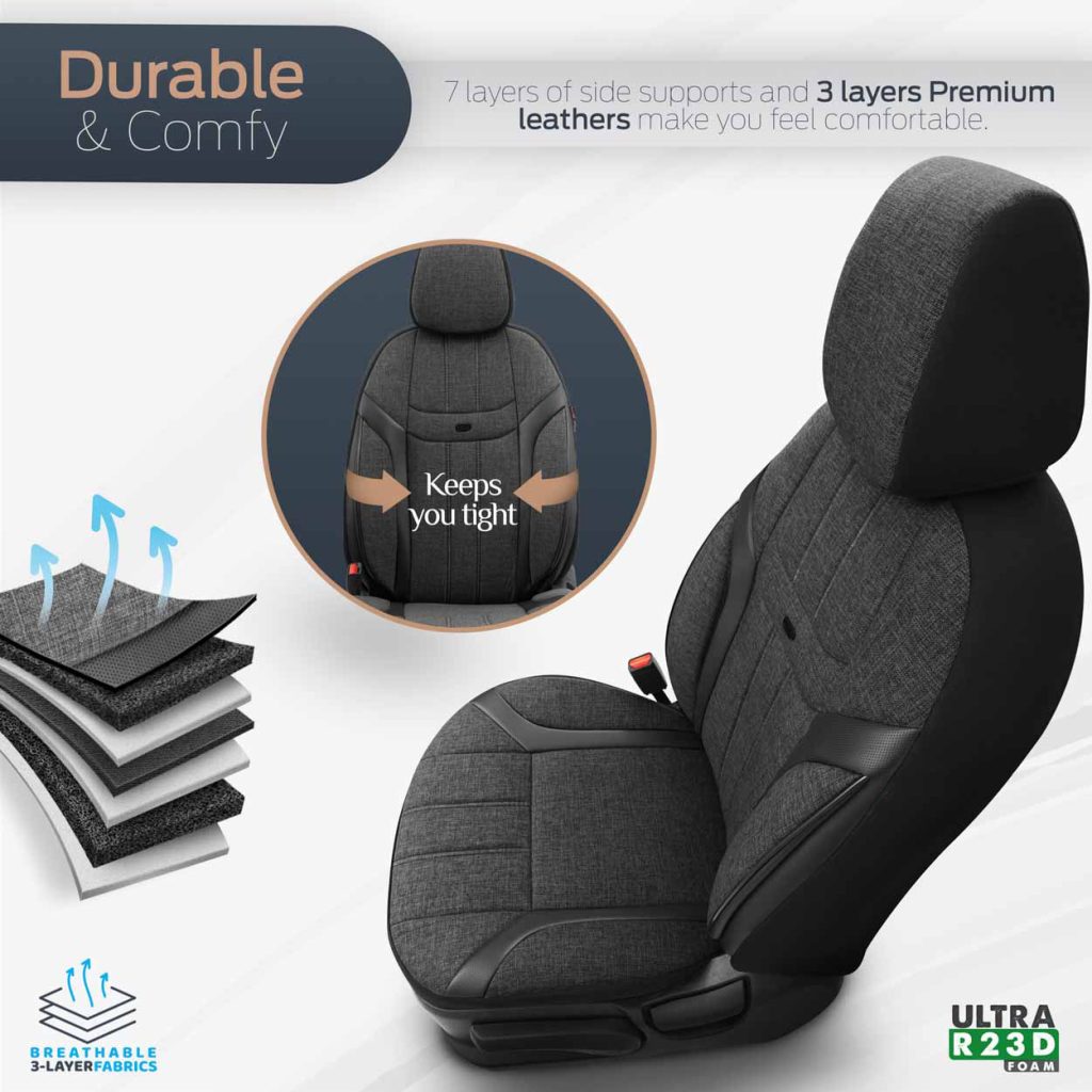 Εικόνα 4 από 12 — AMiO – Καλύμματα Καθισμάτων OTOM Swan 501 Black Μαύρο/Γκρι Σκούρο Λινό Ύφασμα και Δερματίνη για Μπροστινά και Πίσω Καθίσματα με 5 Προσκέφαλα – 1 Σετ (OT86751/AM)