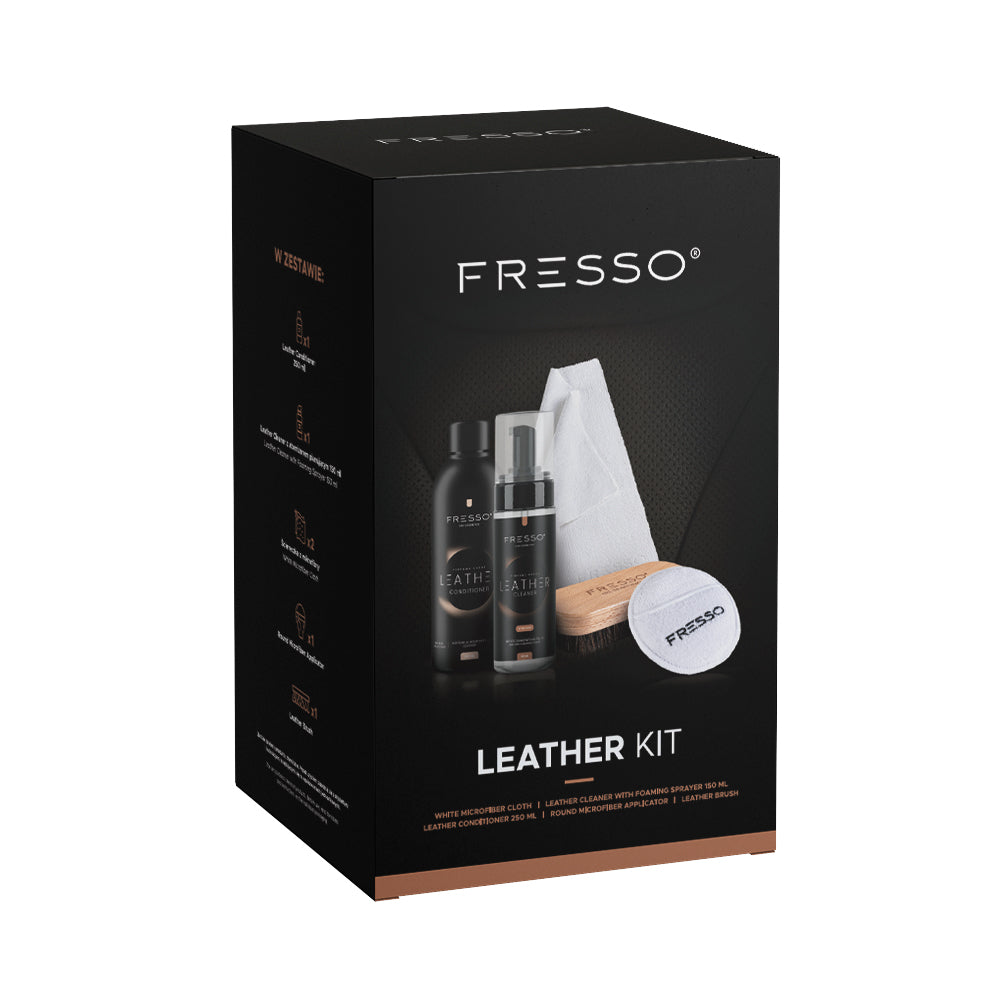 Εικόνα 1 από 1 — Fresso – Kit Καθαρισμού και Προστασίας Δέρματος Leather Kit με Cleaner 150 ml, Conditioner 250 ml και Αξεσουάρ Εφαρμογής – Σετ 5 Τεμ. (390839/FRE)