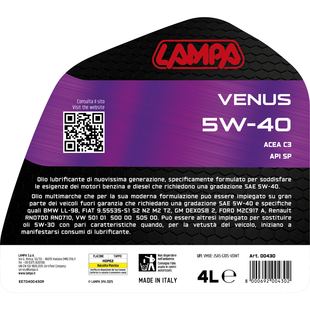 Εικόνα 2 από 2 — Lampa – Λάδι Κινητήρα Αυτοκινήτου Venus 5W-40 4 Lt. – 1 τεμ. (L0043.0)