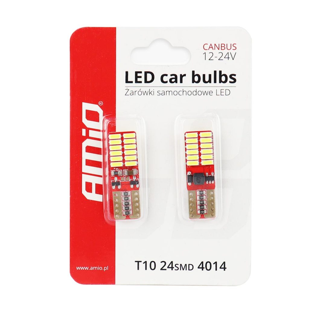 Εικόνα 3 από 3 — Amio – Λάμπες LED T10 W5W Καρφωτές 12/24V 2.2W 5600K με 24 SMD 4014 CANBUS για Φώτα Θέσης Πινακίδας & Εσωτερικού Φωτισμού με Ισχυρό Λευκό Φως και Χωρίς Σφάλματα – 1 Σετ (01287/AM)
