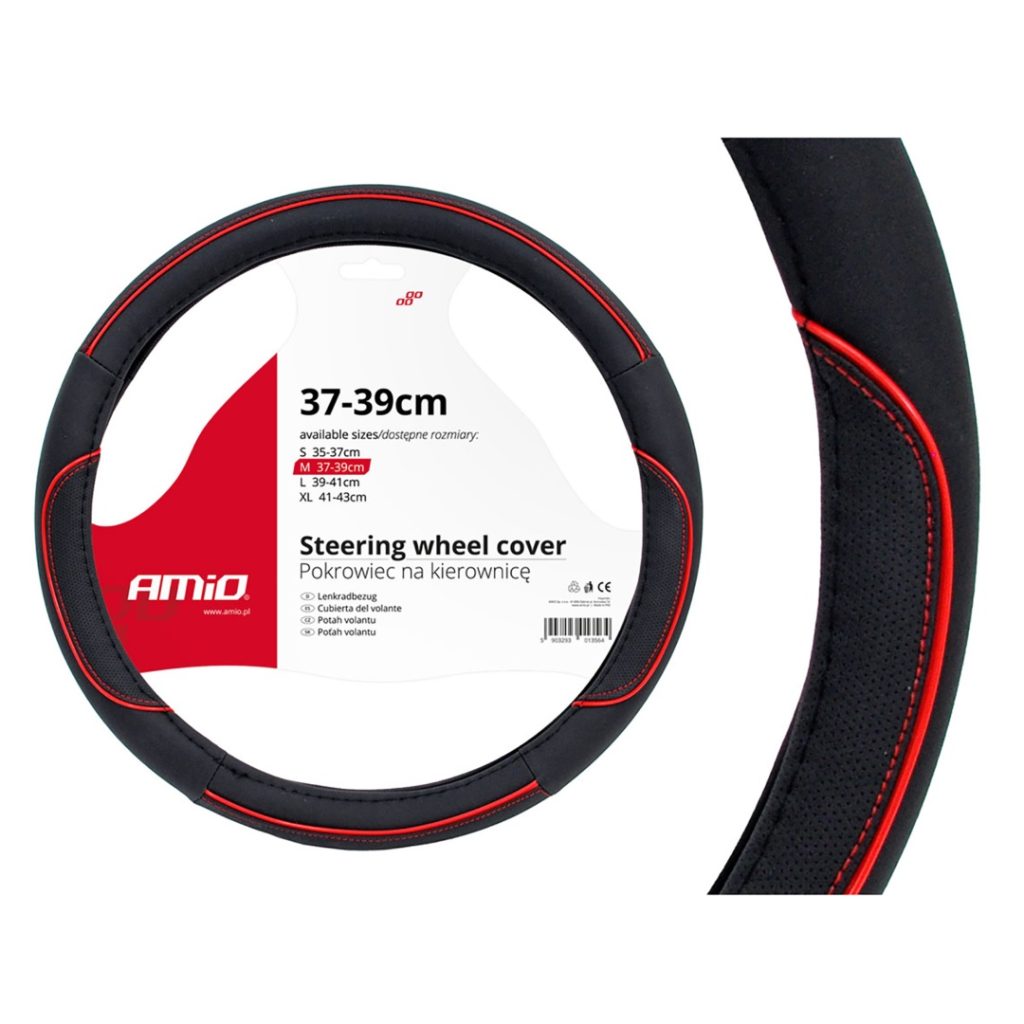 Εικόνα 1 από 1 — Amio – Κάλυμμα Τιμονιού SWC-07 Μαύρο με Κόκκινες Ραφές Διάμετρος 37/39cm από Δερματίνη για Προστασία και Άνεση Τιμονιού για Επιβατικά και Επαγγελματικά Αυτοκίνητα – 1 τεμ. (01362/AM)