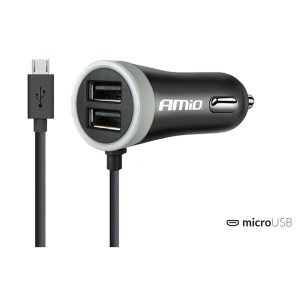 Amio - Φορτιστής Αναπτήρα 12-24V 2.4A με 2 θύρες USB και καλώδιο Micro USB για ταυτόχρονη φόρτιση συσκευών με σταθερή παροχή ρεύματος σε αυτοκίνητα και επαγγελματικά οχήματα - 1 Τεμ. (02056/AM)