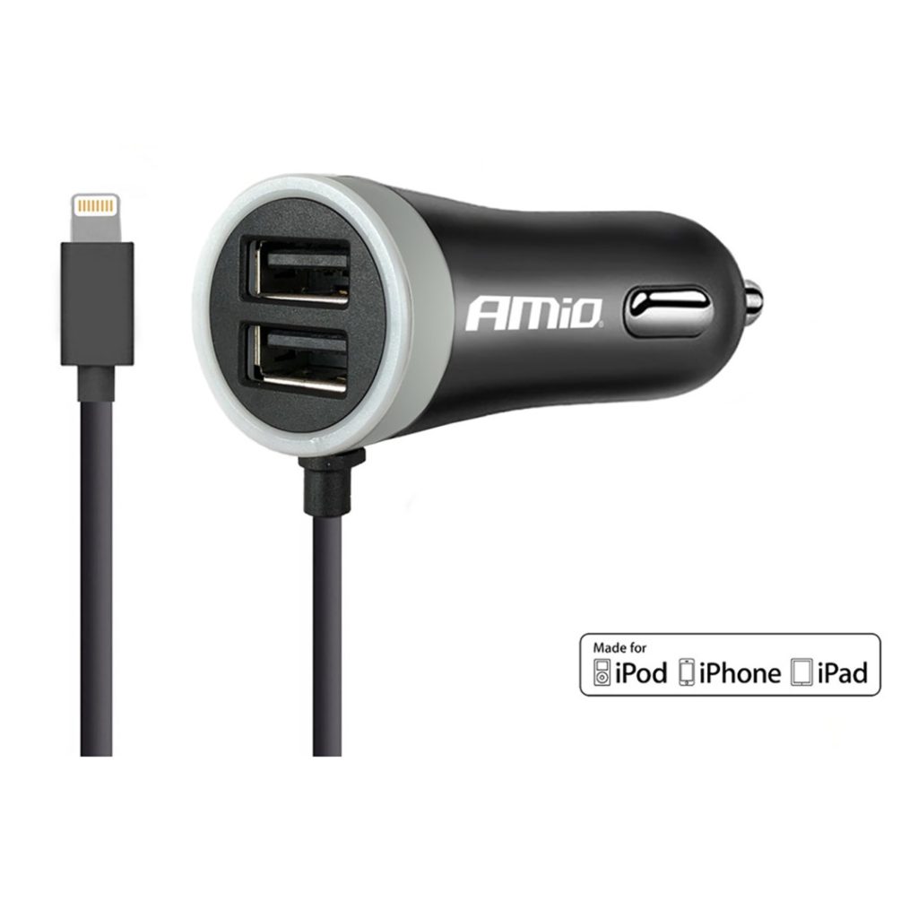 Εικόνα 1 από 2 — Amio – Φορτιστής Αναπτήρα 12-24V 2.4A με 2 θύρες USB και καλώδιο Lightning για ταυτόχρονη φόρτιση συσκευών με σταθερή παροχή ρεύματος σε αυτοκίνητα και επαγγελματικά οχήματα – 1 Τεμ. (02057/AM)