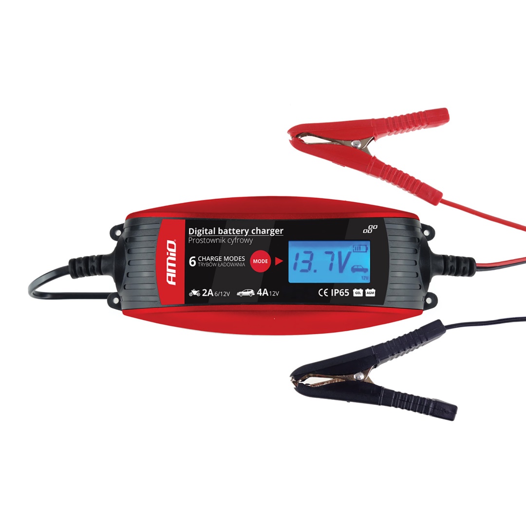Εικόνα 1 από 4 — Amio – Φορτιστής Μπαταρίας 6/12V 2A/4A με LCD για φόρτιση και συντήρηση μπαταριών 1.2-120Ah με έξυπνη λειτουργία και προστασία IP65 για ασφαλή και αποδοτική χρήση – 1 Τεμ. (02088/AM)