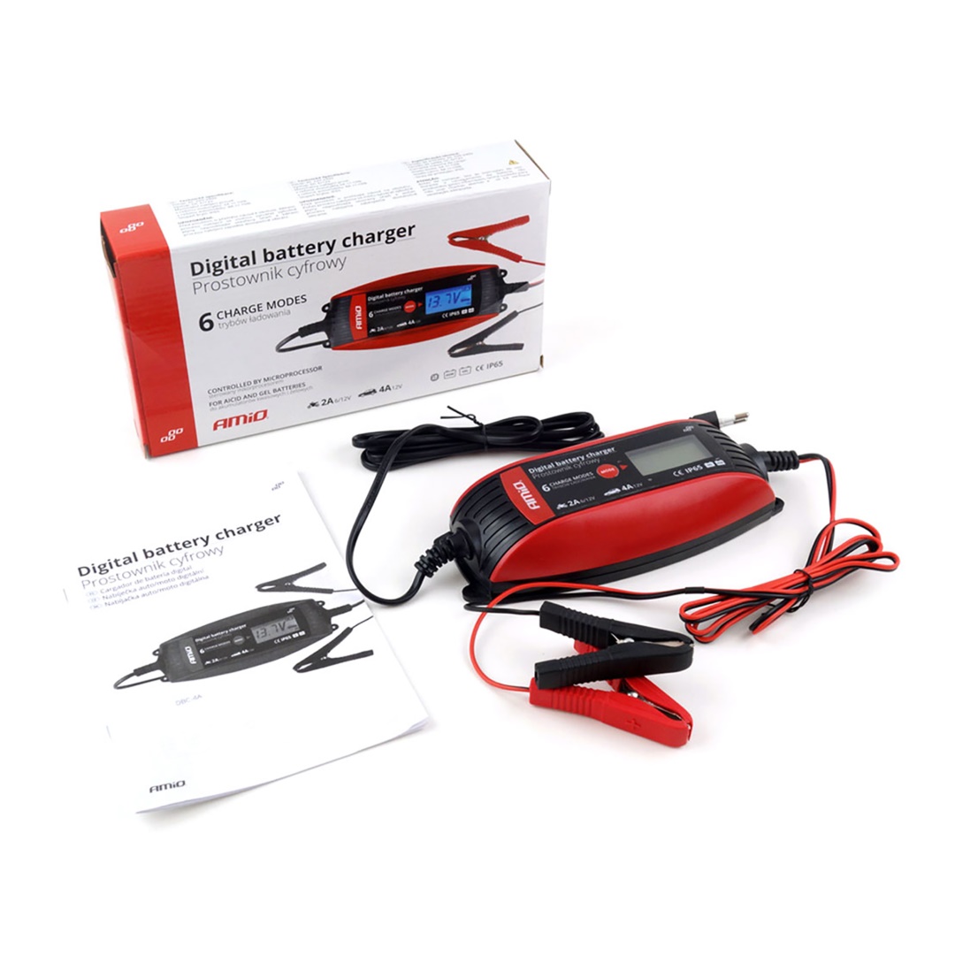 Εικόνα 4 από 4 — Amio – Φορτιστής Μπαταρίας 6/12V 2A/4A με LCD για φόρτιση και συντήρηση μπαταριών 1.2-120Ah με έξυπνη λειτουργία και προστασία IP65 για ασφαλή και αποδοτική χρήση – 1 Τεμ. (02088/AM)