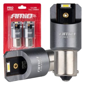 Amio - ΛΑΜΠΕΣ LED CAN-BUS P21W BA15S 12/24V 6.000K 2xSMD ΛΕΥΚΟ PRO SERIES - 2 ΤΕΜ. (03593/AM)