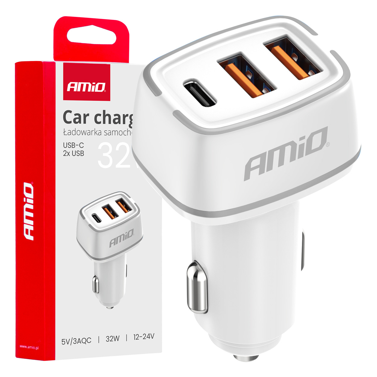 Εικόνα 1 από 5 — Amio – ΦΟΡΤΙΣΤΗΣ ΑΝΑΠΤΗΡΑ 12/24V ΜΕ 3 ΘΥΡΕΣ USB-C+2xUSB 32W 5V/3AQC ΤΑΧΕΙΑΣ ΦΟΡΤΙΣΗΣ ΛΕΥΚΟΣ – 1 ΤΕΜ. (03890/AM)