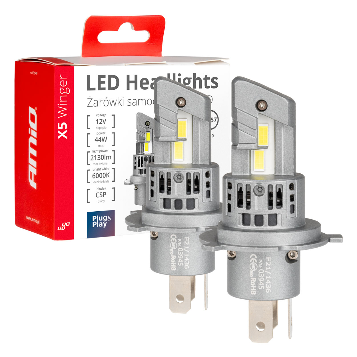 Εικόνα 1 από 5 — Amio – H4 12V 50W 6.000K 4200LM CSP LED CAN-BUS SERIES X5 WINGER 2ΤΕΜ. (03945/AM)