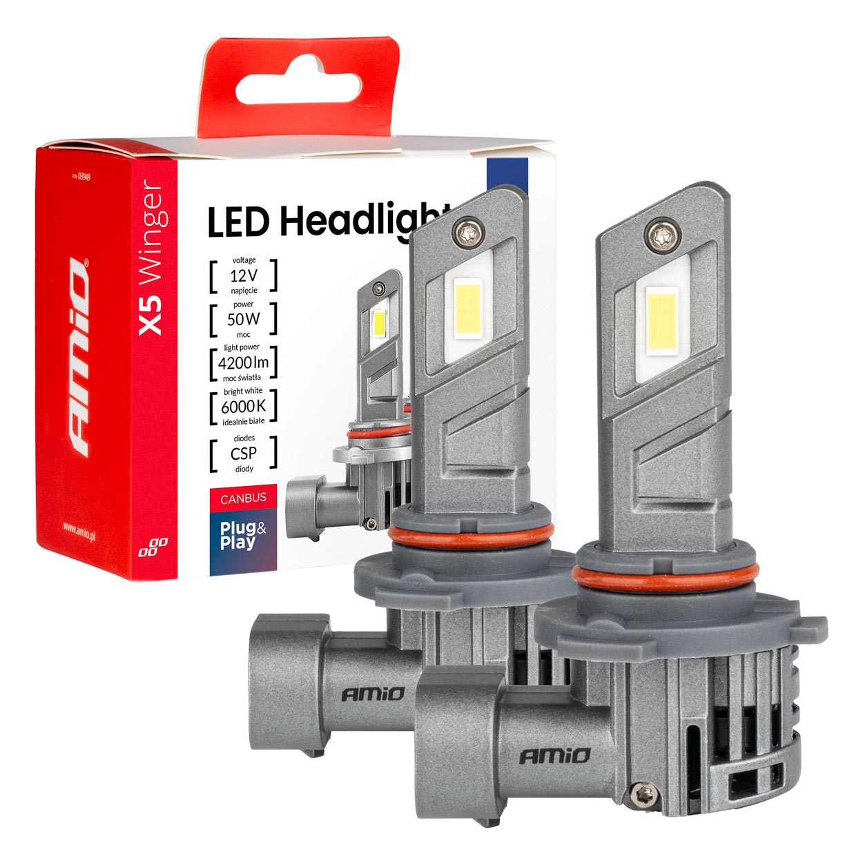 Εικόνα 1 από 6 — Amio – Λάμπες LED HB3 τύπου Series X5 Winger τάση λειτουργίας 12V απόδοσης 50W Can-bus για Επιβατικά Αυτοκίνητα – 2 τεμ. (03948/AM)