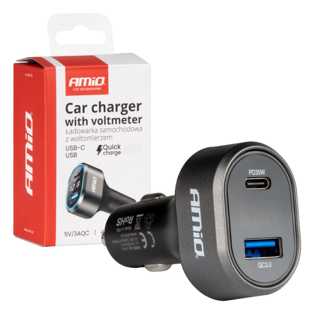 Εικόνα 1 από 5 — Amio – ΦΟΡΤΙΣΤΗΣ ΑΝΑΠΤΗΡΑ ΜΕ 2 ΘΥΡΕΣ USB-C+USB-A QUICK CHARGE 3.0 30W ΜΕ ΒΟΛΤΟΜΕΤΡΟ ΜΑΥΡΟ – 1 Τεμ. (04178/AM)