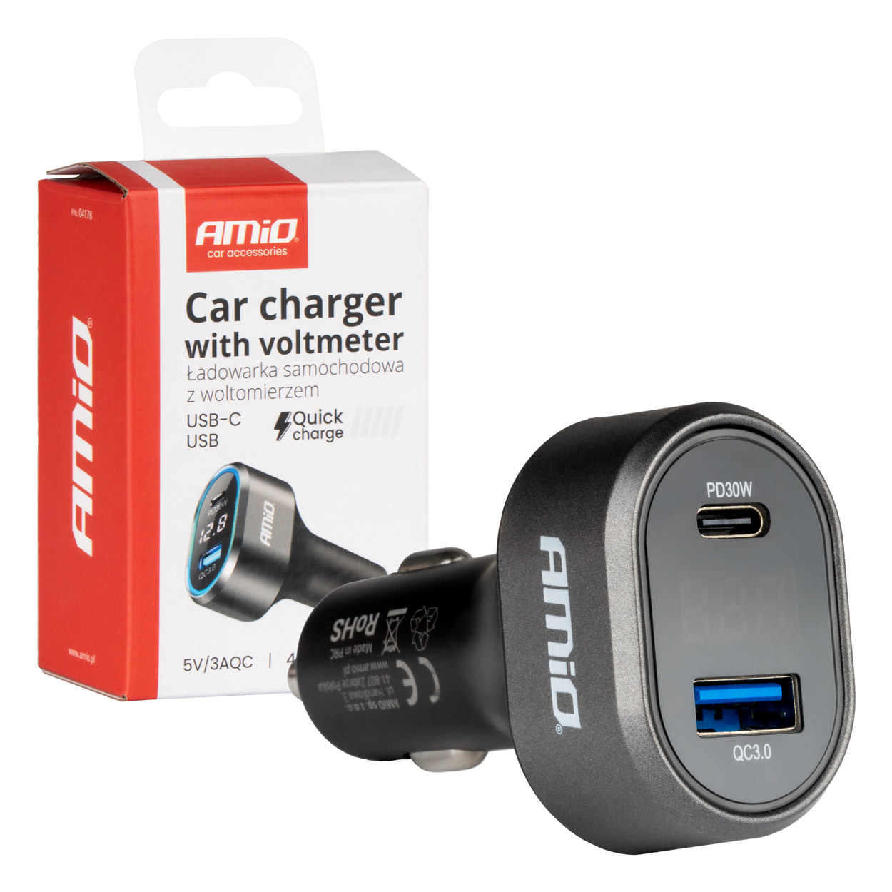 Εικόνα 1 από 5 — Amio – ΦΟΡΤΙΣΤΗΣ ΑΝΑΠΤΗΡΑ ΜΕ 2 ΘΥΡΕΣ USB-C+USB-A QUICK CHARGE 3.0 30W ΜΕ ΒΟΛΤΟΜΕΤΡΟ ΜΑΥΡΟ – 1 Τεμ. (04178/AM)