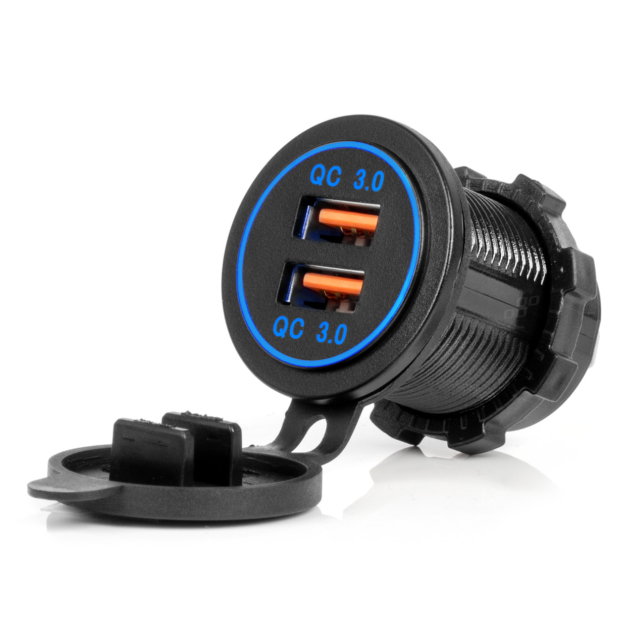 Εικόνα 1 από 5 — Amio – ΠΡΙΖΑ ΜΕ 2 ΘΥΡΕΣ USB ΚΑΙ ΚΑΠΑΚΙ 12/24V QUICK CHARGE 3.0 ΑΔΙΑΒΡΟΧΗ ΜΕ ΜΠΛΕ LED ΦΩΣ ΜΑΥΡΗ – 1 ΤΕΜ. (04218/AM)